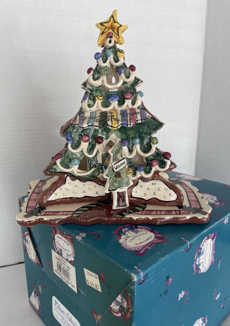 Blue Sky Clayworks Christmas Tree Store 2002 Tealight Candle Holder w/Box Plate